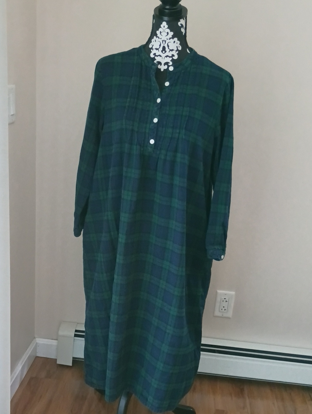 L.L. Bean Long Plaid Nightgown - Blue Green